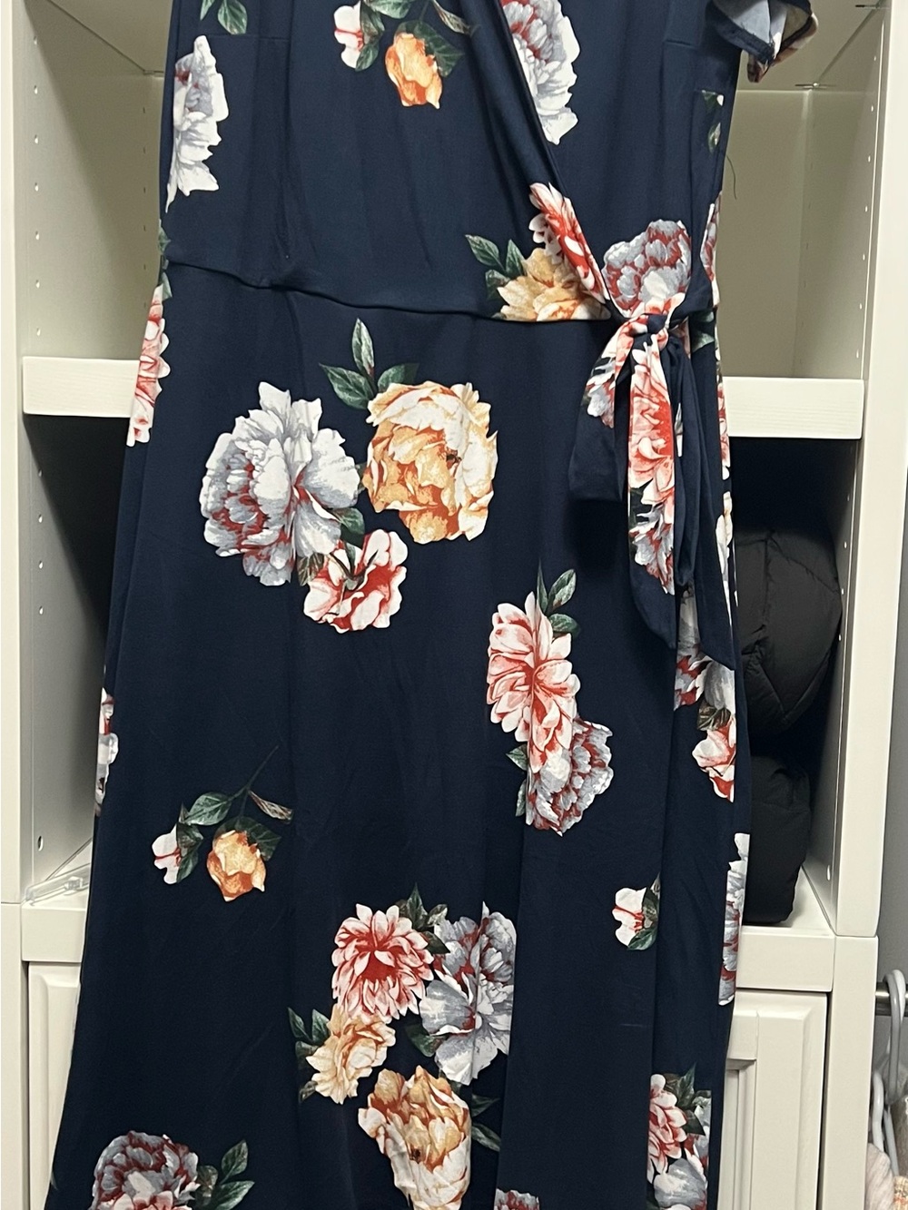 Navy Floral Maxi Wrap Dress with Peach & White Blooms